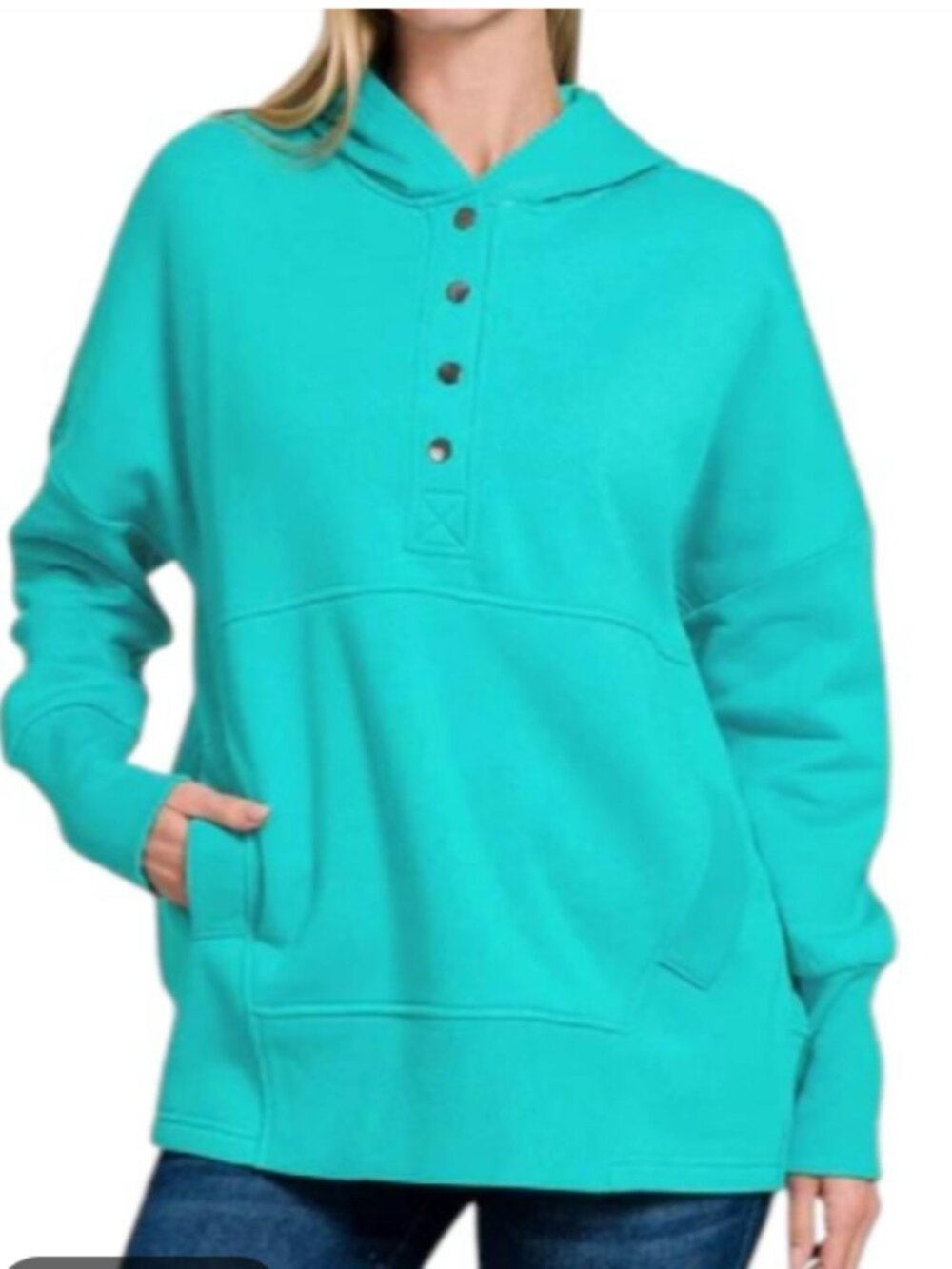 Zenana LIKE NEW teal turquoise hooded snap front pocket sweatshirt pullover S